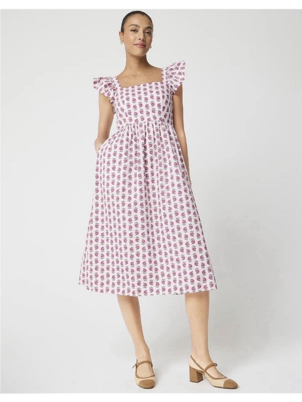 J. Crew Pink Floral-Print Square-Neck Midi Dress